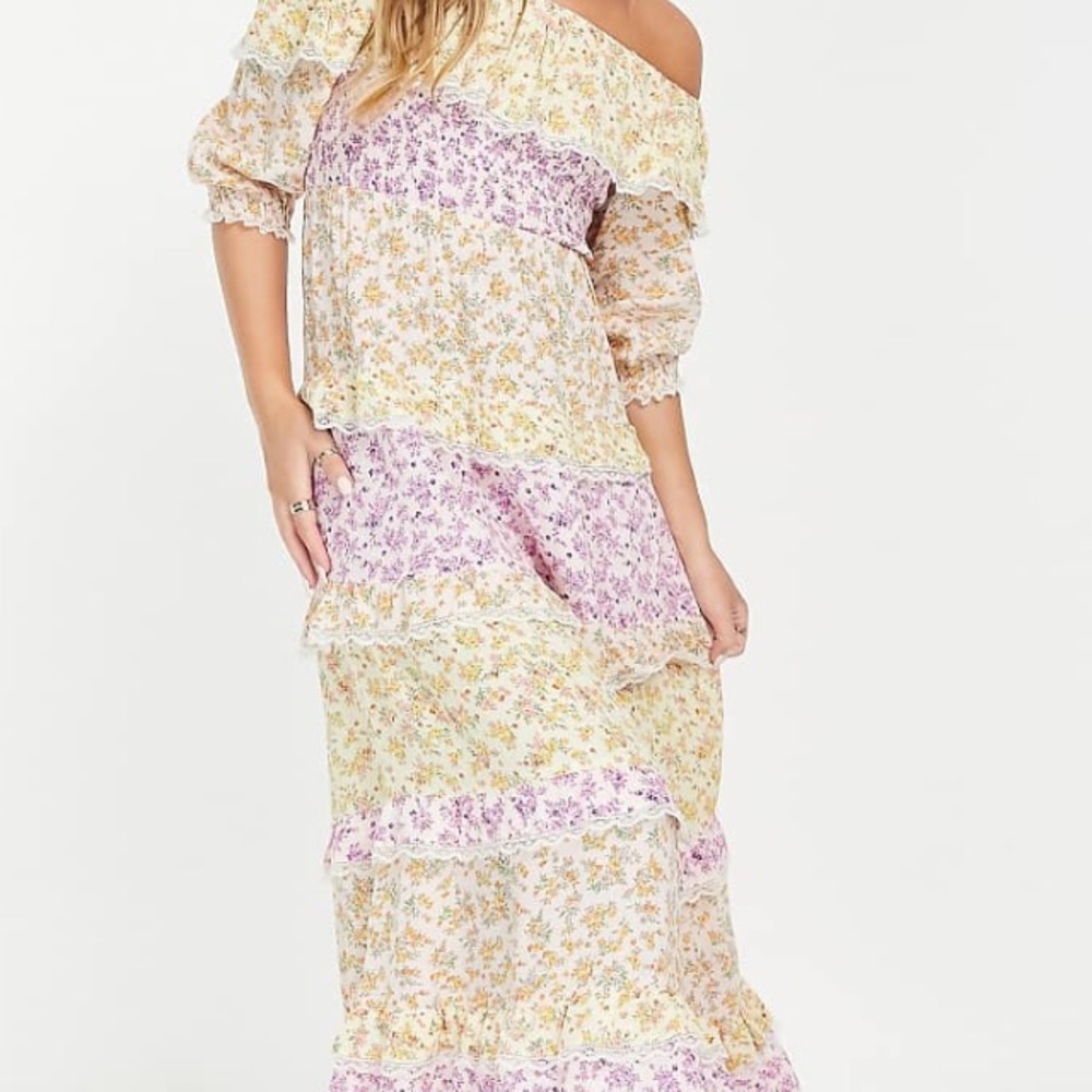 MISS SELFRIDGE TIERED FRILL BARDOT MAXI DRESS IN MIXED DITSY PRINT NWT SIZE 12 - Picture 3 of 6